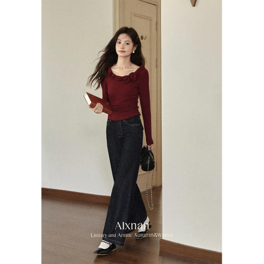 鹿向南「秋日夕阳」法式立体花朵长袖t恤女秋季小众正肩红色上衣 商品图3