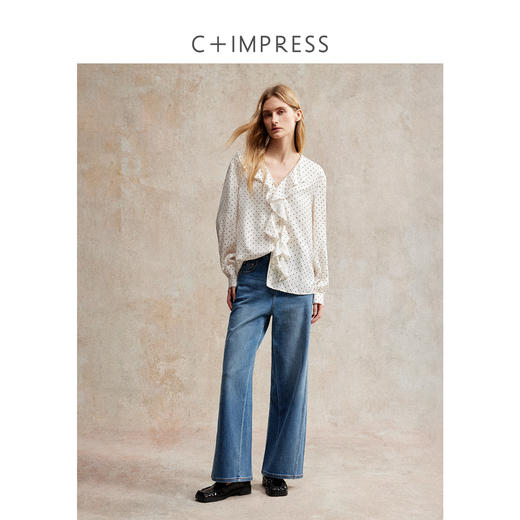 轻复古法式荷叶边V领波点长袖上衣CS2503016 商品图3