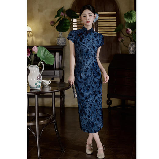 GX弹力植绒长款短袖旗袍2025夏季新款复古国风气质旗袍裙 商品图0