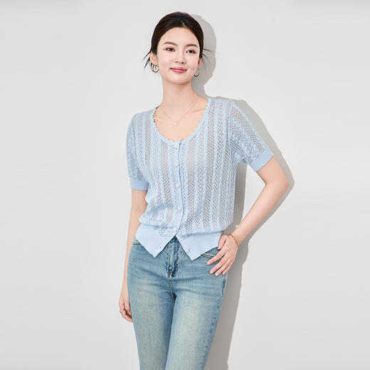 「高货wl」全新升级【铂金会员201/天猫269/差价68】(54859)洛诗琳钉珠天丝镂空钩花开衫2025夏季时尚轻盈短袖上衣女 商品图0