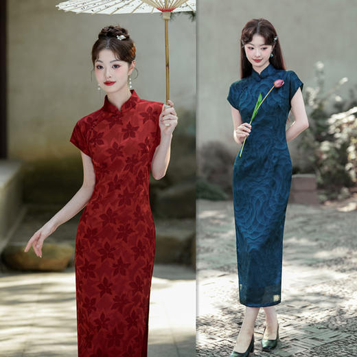 SYK66783时尚年轻女士长款短袖旗袍2025春夏新款改良新中式日常旗袍 商品图0