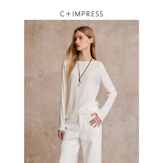 一字领宽松天丝羊毛慵懒纸片人长袖T恤T2503048 商品图1