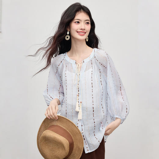 【08/06新品】熙世界天丝亚麻七分袖印花衬衫女2025初秋新款设计感独特漂亮上衣 商品图4