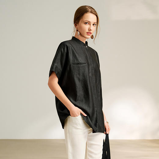 TANGYcollection天意2025秋季新品商场同款立领茛绸T恤L251017 商品图1