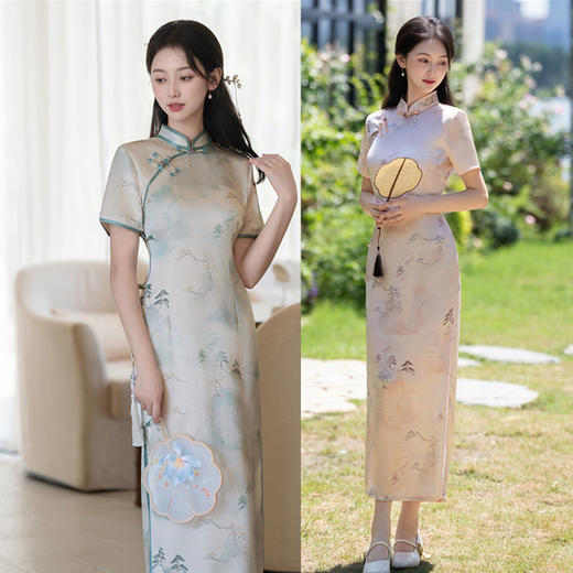 GX夏新款旗袍年轻款新中式国风长裙长款立领开叉宴会旗袍 商品图3