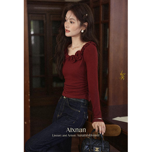 鹿向南「秋日夕阳」法式立体花朵长袖t恤女秋季小众正肩红色上衣 商品图1