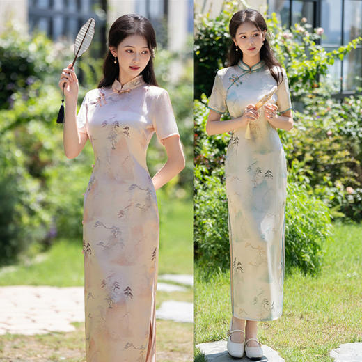 GX夏新款旗袍年轻款新中式国风长裙长款立领开叉宴会旗袍 商品图0
