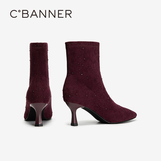 千百度细高跟时装靴女尖头弹力袜靴通勤洋气小短靴子A25596529 商品图4