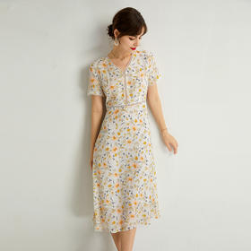 「高货kbnq」全新升级【铂金会员477/天猫639/差价162】(54611)洛诗琳气质简约v领真丝印花裙2025夏季收腰显瘦仙女裙女