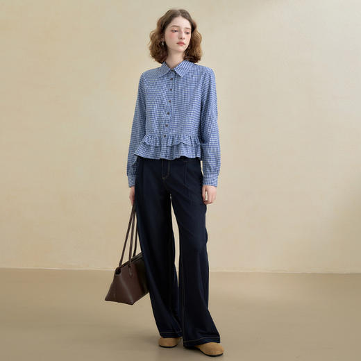 西遇miu系荷叶边蓝色格纹衬衫女秋季新款宽松百搭短款衬衣V2551156 商品图1