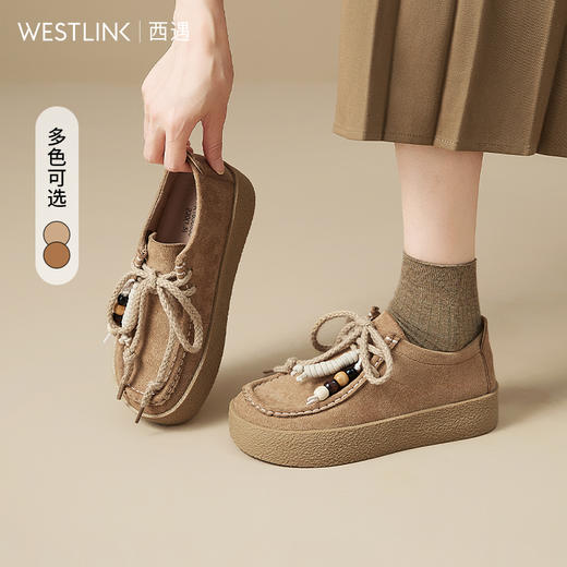 西遇厚底袋鼠鞋女新款秋季复古丑萌串珠系带乐福小皮鞋勃肯鞋K1656935 商品图0