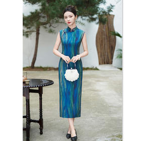 GX夏国风旗袍女条纹收腰修身日常绝美气质小个子中长款单层无袖旗袍