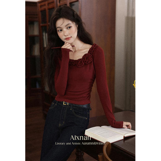 鹿向南「秋日夕阳」法式立体花朵长袖t恤女秋季小众正肩红色上衣 商品图2