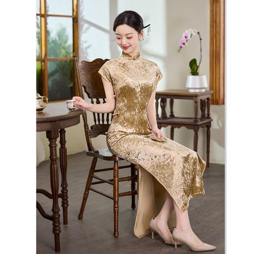 GX纯色丝绒长款连袖旗袍2025早秋新款复古国风年轻女士日常可穿旗袍 商品图0