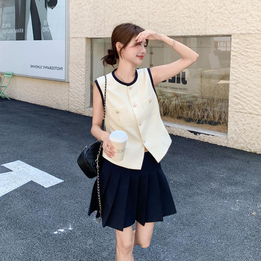 白色法式小香风无袖马甲套装裙，小个子减龄百褶裙两件套HR-7355 商品图1