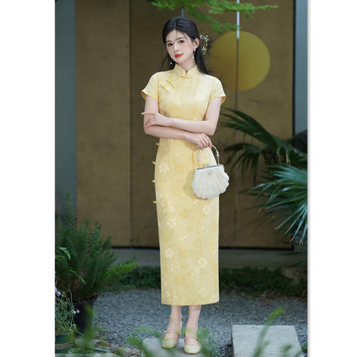 GX2025夏季新款旗袍新中式黄色中长款小个子旗袍高端气质少女款旗袍 商品图0