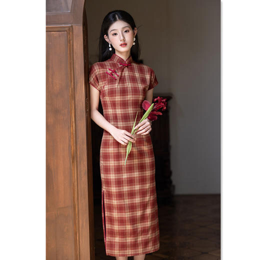 GX港风格子新中式长款改良旗袍2025夏新款日常文艺学院风旗袍 商品图3