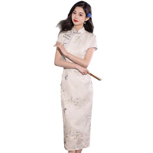 GX绣花缎面长款双层短袖旗袍2025夏新款复古国风年轻款素雅修身旗袍 商品图4