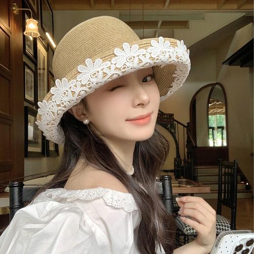 法式优雅拉菲草帽！2025女款夏季度假沙滩帽蕾丝花边渔夫帽遮阳盆帽子！ 商品图1