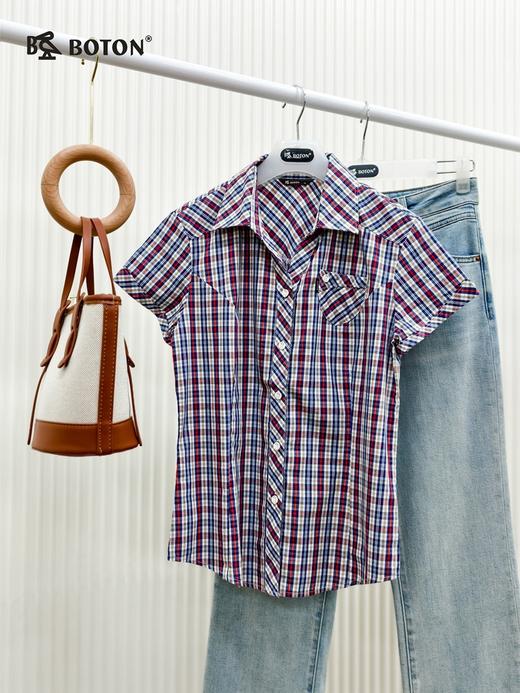 【第2件半价！尾货清仓不退换】波顿女士全棉修身红蓝格短袖衬衫休闲百搭LS376 商品图1