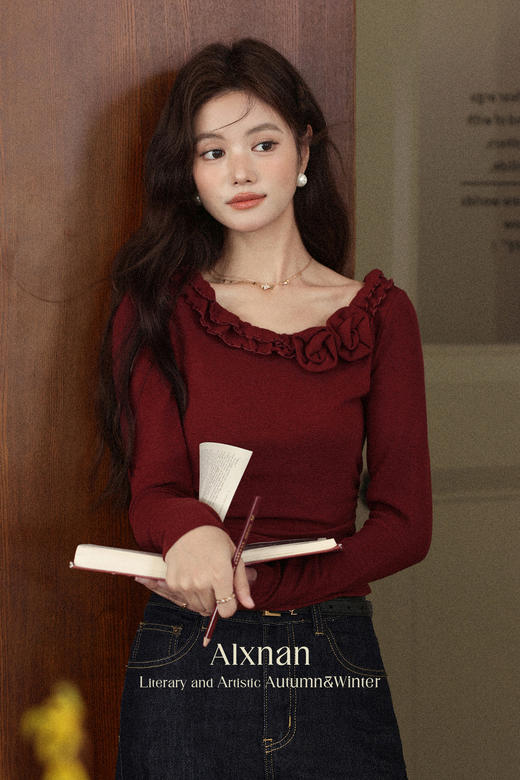 鹿向南「秋日夕阳」法式立体花朵长袖t恤女秋季小众正肩红色上衣 商品图5