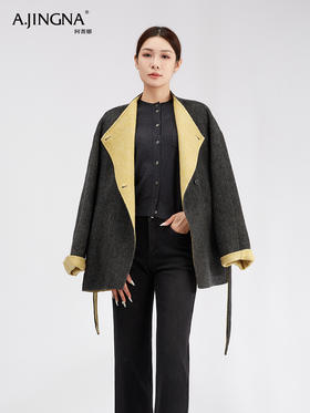 【商城同款】阿菁娜韩系休闲围裹高领撞色双面桑蚕丝绵羊毛大衣F30D211095