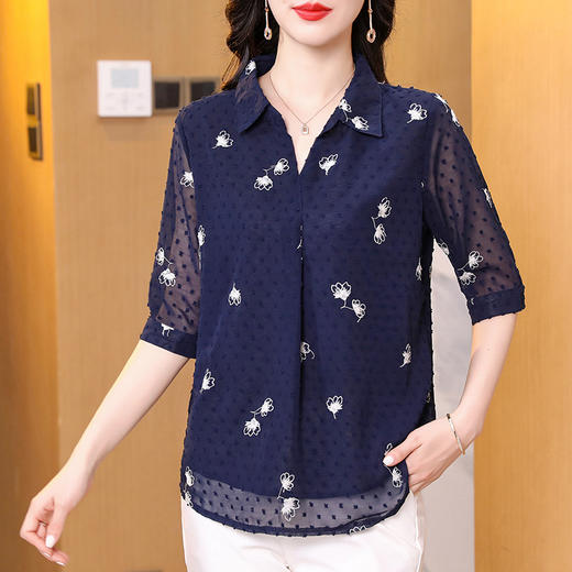 2025夏季新款印花雪纺衫上衣宽松显瘦刺绣七分袖衬衫女 商品图3