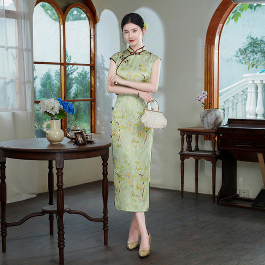 GX复古中国风仿醋酸缎面印花长款无袖旗袍2025夏新款改良新中式旗袍 商品图0