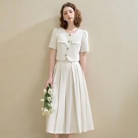 西遇气质小香风通勤套装女秋季圆领外套搭百褶裙两件套V2551104