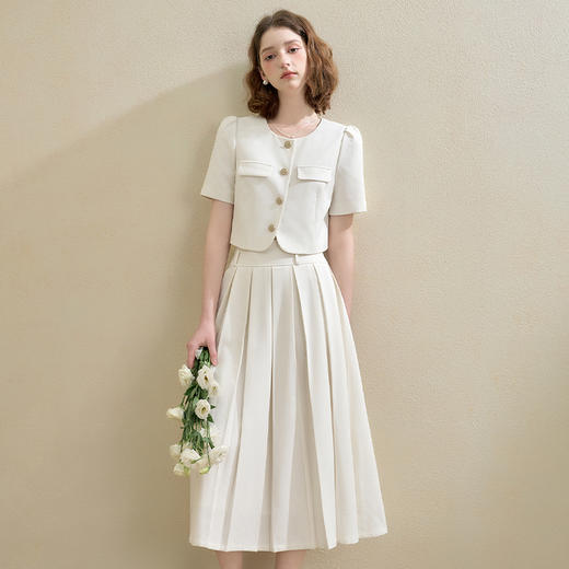 西遇气质小香风通勤套装女秋季圆领外套搭百褶裙两件套V2551104 商品图0