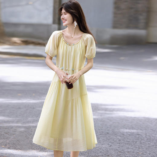 【08/06新品】熙世界欧若风串珠天丝连衣裙女夏2025新款短袖收腰莱赛尔a字裙子 商品图4