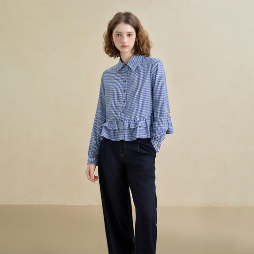 西遇miu系荷叶边蓝色格纹衬衫女秋季新款宽松百搭短款衬衣V2551156 商品图2