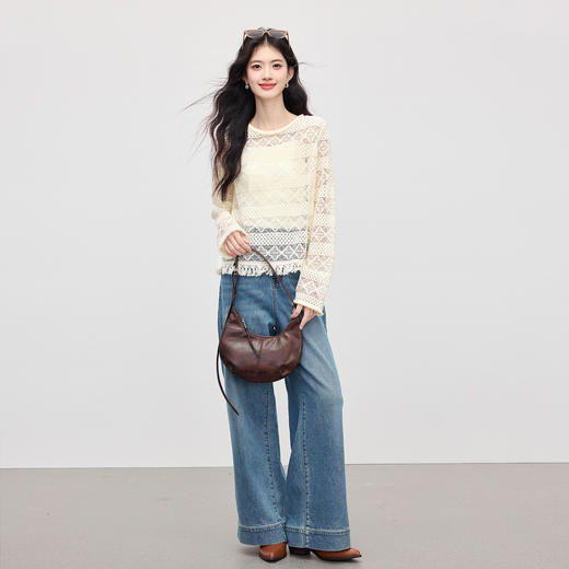 【08/06新品】熙世界波嬉风钩花镂空蕾丝罩衫长袖早秋新款休闲度假流苏圆领上衣 商品图2