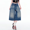 罗蒙女士七分牛仔裤夏季薄款水洗做旧高腰宽松显瘦阔腿短裤子 商品缩略图2