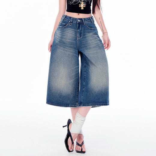 罗蒙女士七分牛仔裤夏季薄款水洗做旧高腰宽松显瘦阔腿短裤子 商品图2