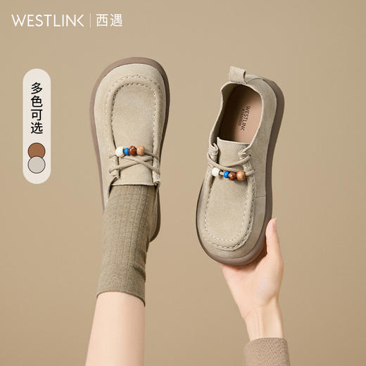 西遇全包勃肯鞋女新款秋季超火串珠复古袋鼠鞋系带豆豆单鞋K1656920 商品图0