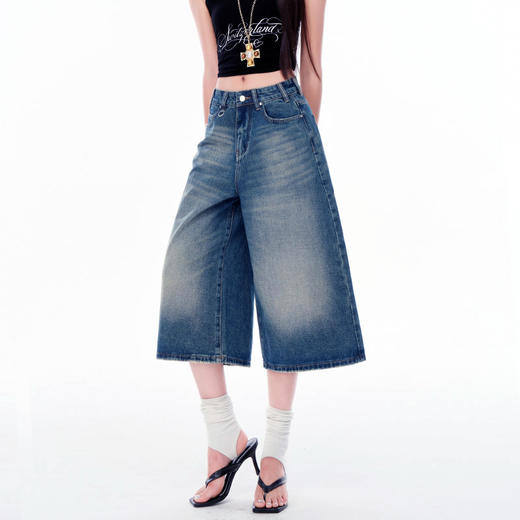 罗蒙女士七分牛仔裤夏季薄款水洗做旧高腰宽松显瘦阔腿短裤子 商品图4