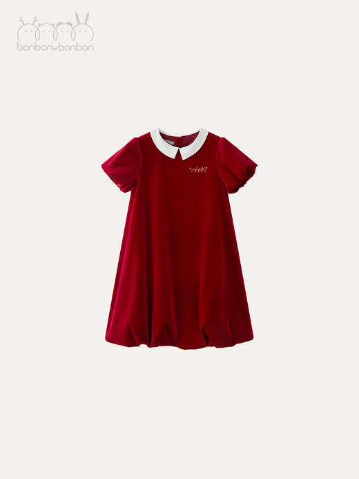 波尔多红丝绒半袖连衣裙 商品图0