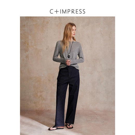 一字领宽松天丝羊毛慵懒纸片人长袖T恤T2503048 商品图3