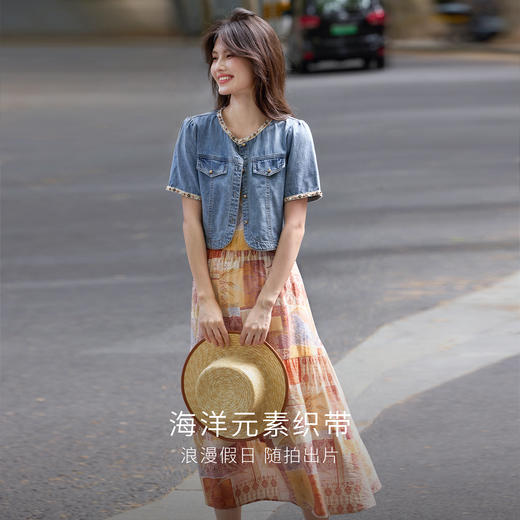 【专属特价】熙世界丹宁牛仔短外套女小个子海洋织带圆领短袖上衣2025夏日新款 商品图4