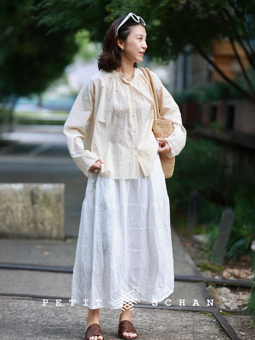 PETIT SCHAN小闪 CLO#879 A late bloomer 晚开的花 纯亚麻手绣薰衣草松紧腰茧型半裙 商品图2