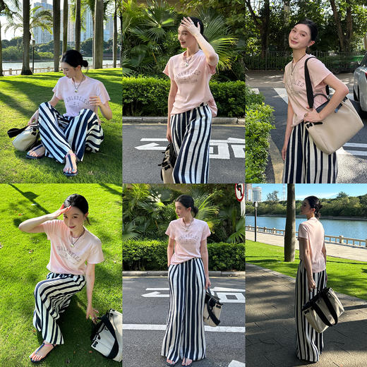 HIDEMI 度假系列慵懒蓝白条纹多重水洗条纹长款衬衫裙阔腿裤套装 商品图6