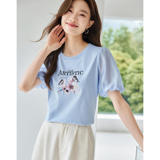 【专属特价】熙世界甜美减龄蝴蝶字母印花T恤宽松泡泡袖别致上衣2025夏新款 商品图2