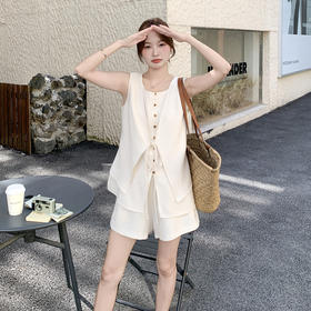 法式时尚老钱风气质套装，假两件无袖马甲短裤两件套HR-8885