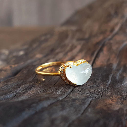 【天然正品】A货翡翠AU750黄金镶天然冰种爱心造型翡翠（心心相印）戒指13.5号（戒圈可改）女士现售价：1480特价！230725NJM18 商品图4