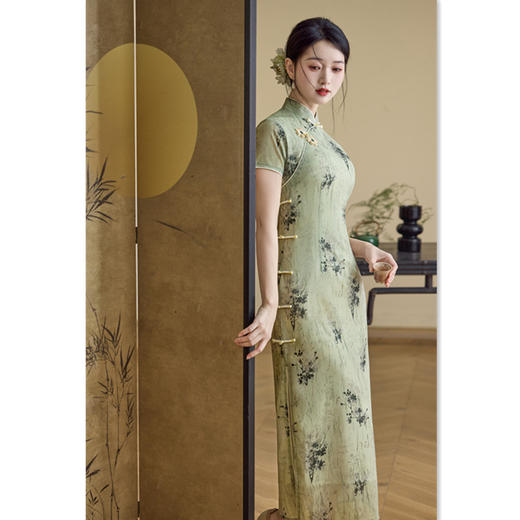 GX复古国风水晶网长款短袖旗袍2025夏新款年轻女士修身显瘦日常旗袍 商品图3