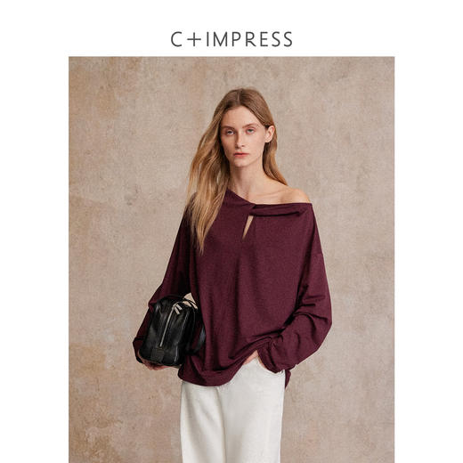 真丝汉麻天丝棉 随性简约扭结一字领两穿廓形百搭长袖T恤T2503031 商品图1