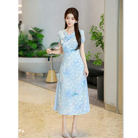 GX现代时尚新中式长款低领旗袍2025夏季新款V领A版日常可穿气质旗袍
