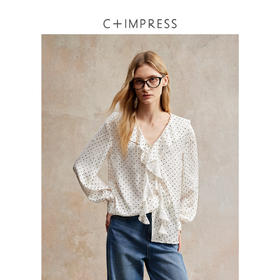 轻复古法式荷叶边V领波点长袖上衣CS2503016