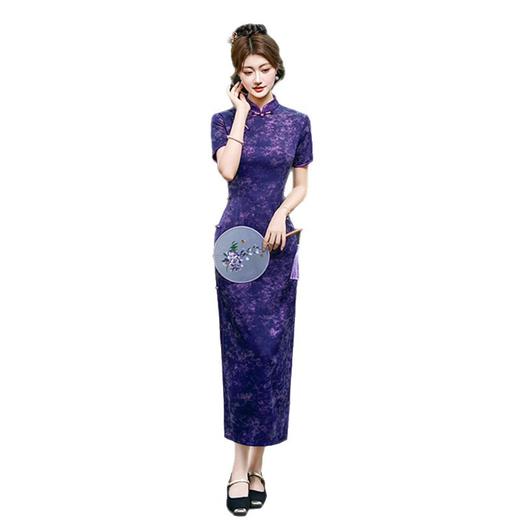GX复古中国风流光缎扎染长款短袖旗袍2025夏新款大码旗袍 商品图4